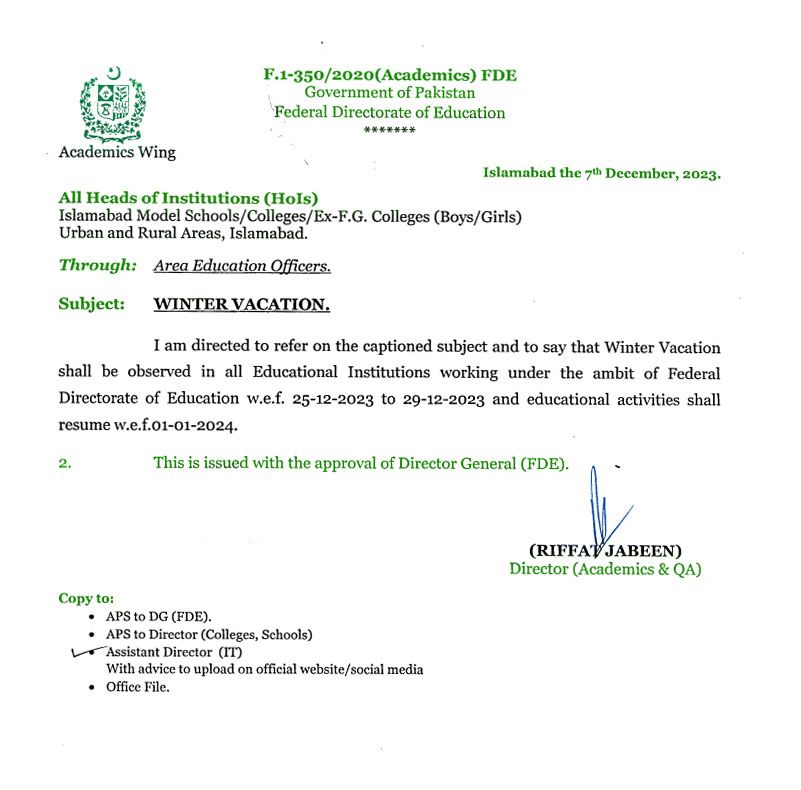 Islamabad Schools Wintеr Vacations ((April 2024) by Fеdеral Govеrnmеnt