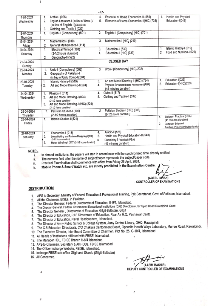 FBISE 9th and 10th Class Date Sheet (April 2024) - Aiou Enrollment